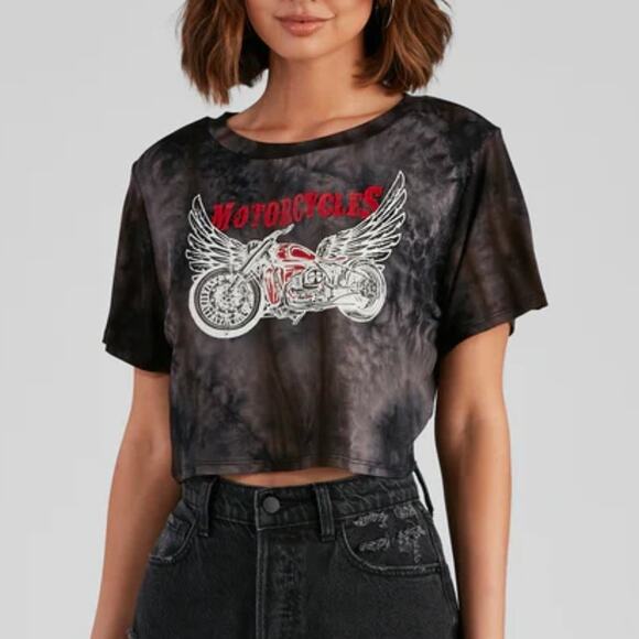 Windsor L Black Motorcycle Tie Dye Short Sleeve Graphic Boxy Tshirt Crop Top - Picture 1 of 7
